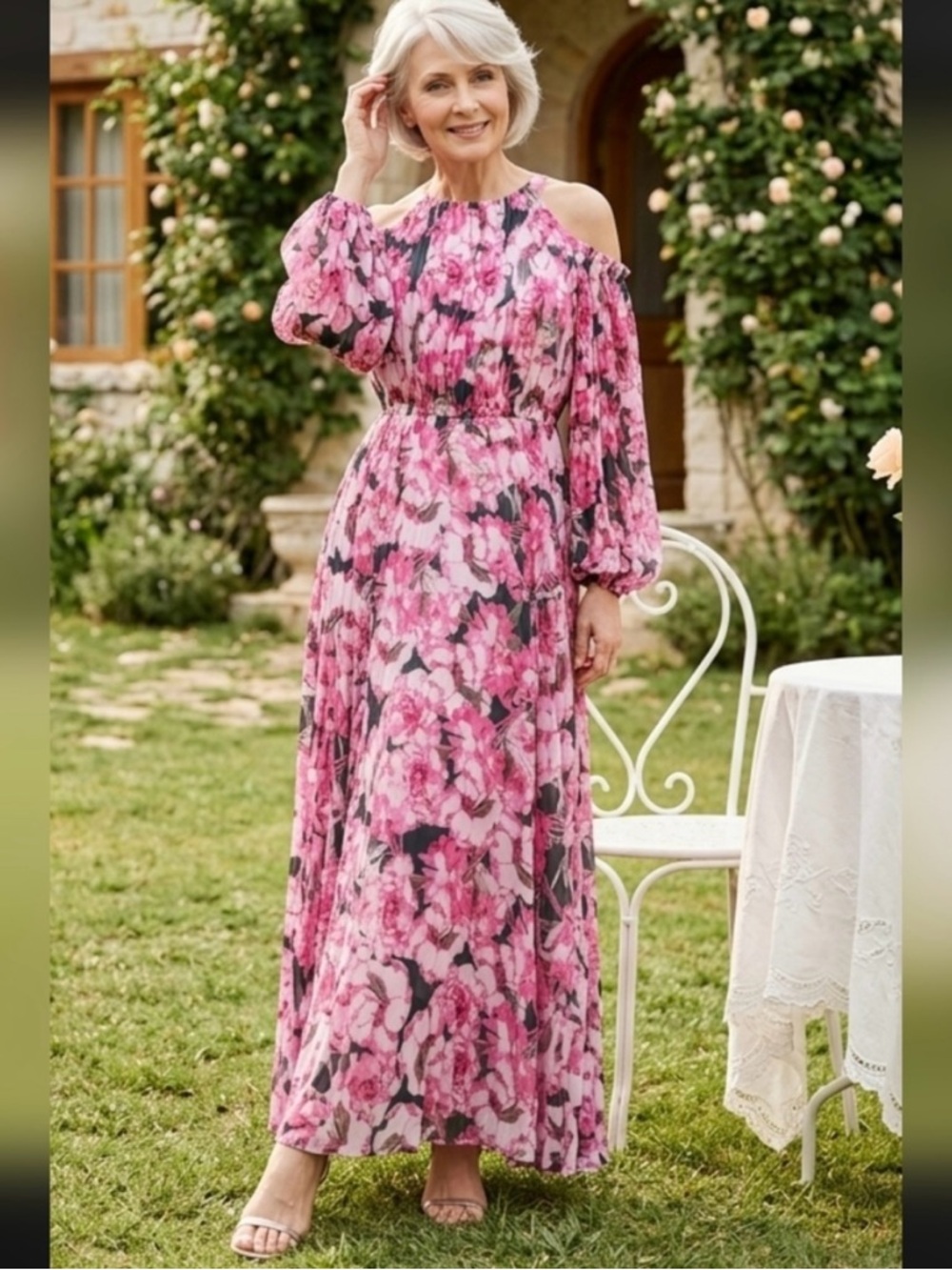 Petal & Pup Pink Floral Cold-Shoulder Maxi Dress